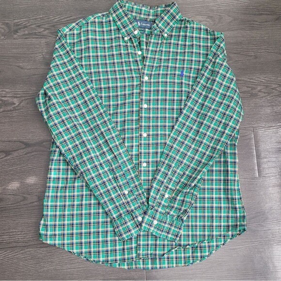 Ralph Lauren Blue and Green Plaid Flannel Button Down Shirt Men's Large Preppy - Picture 1 of 6